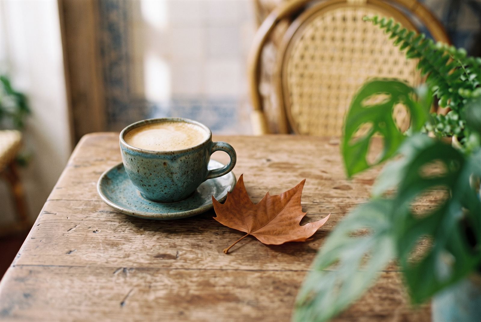 Speckled ceramic cup of flat white on a worn timber table beside a fallen plane leaf, cane chair soft behind