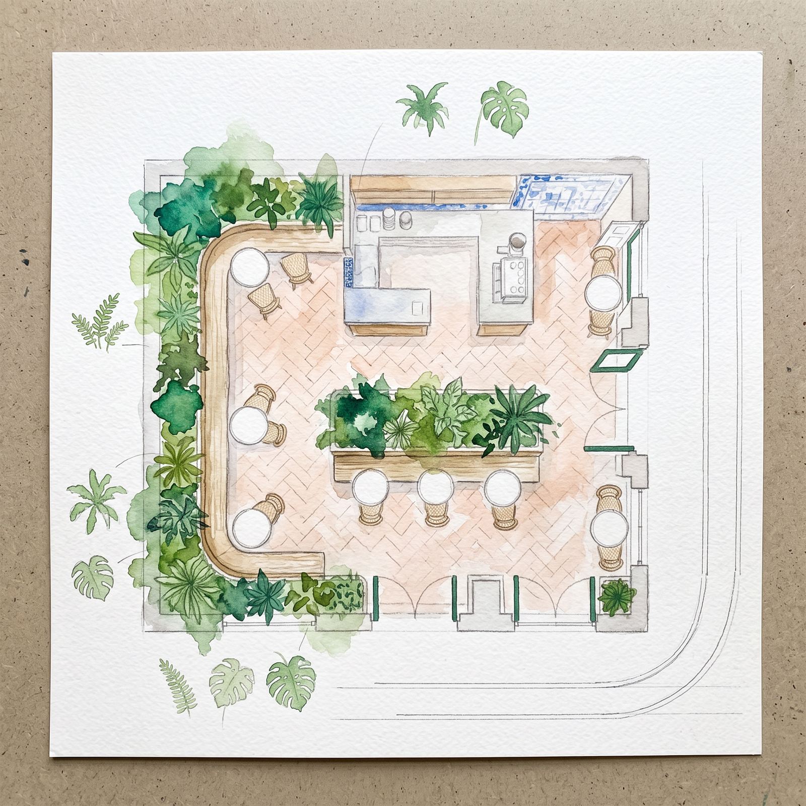 Watercolour concept plan — banquette along the planted edge, counter, central planter table and herringbone terracotta floor