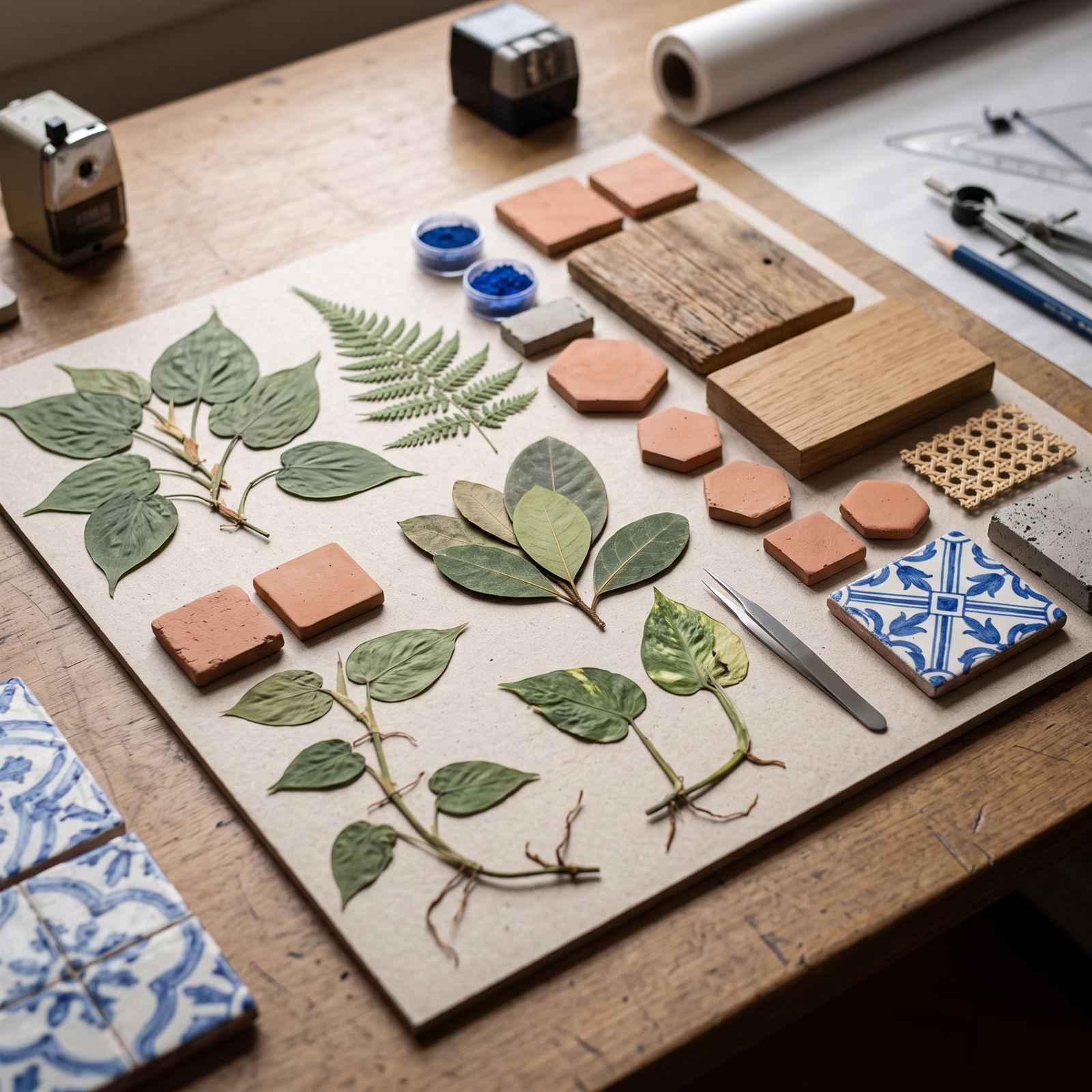 Herbarium board photograph — pressed leaves, terracotta samples, oak, cane webbing and a hand-painted azulejo tile