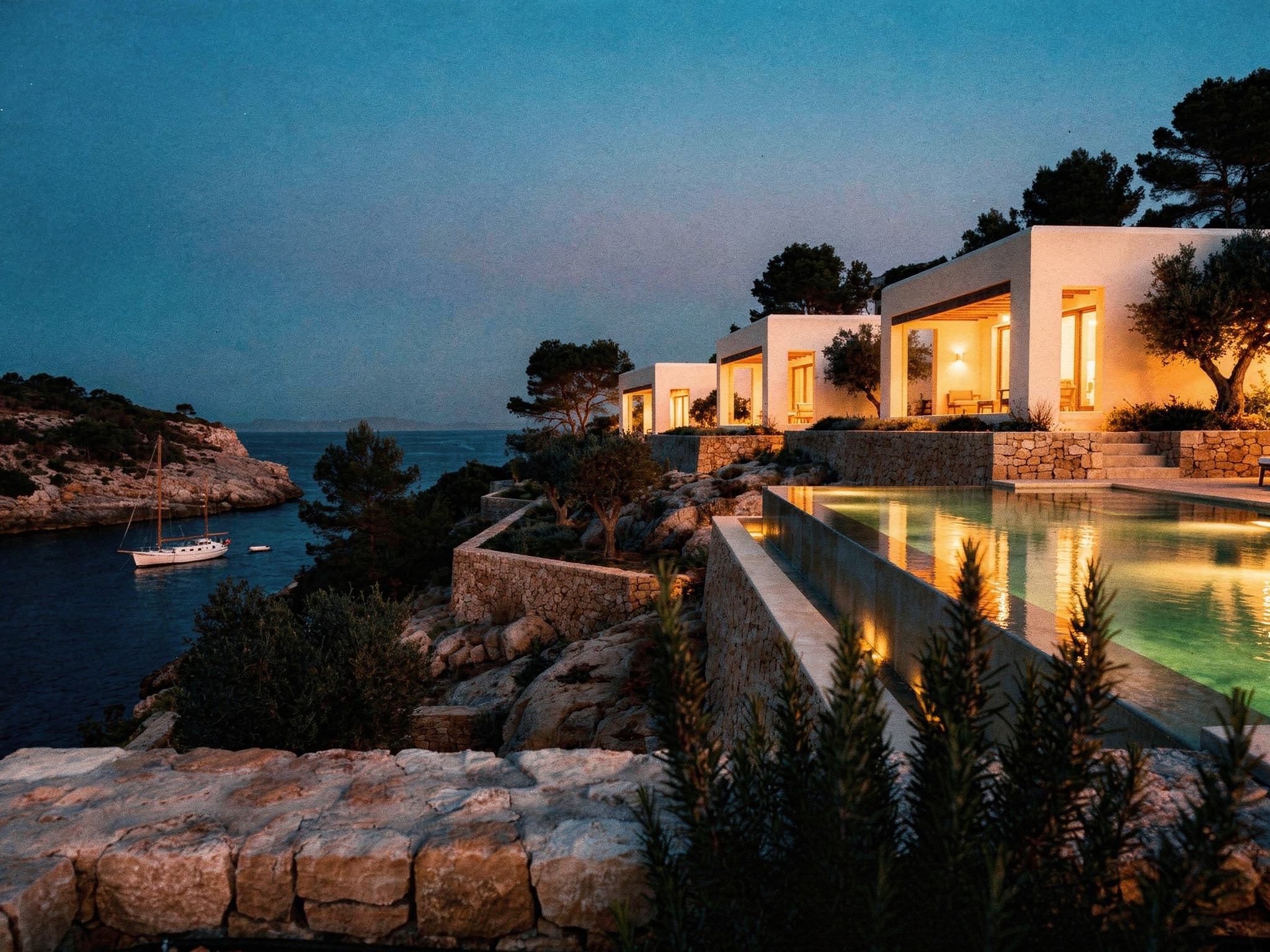 The villa glowing warm at dusk above the darkening cove