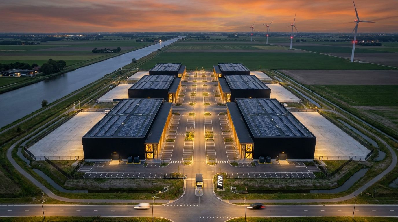 Wide masterplan aerial of the logistics park on the polder