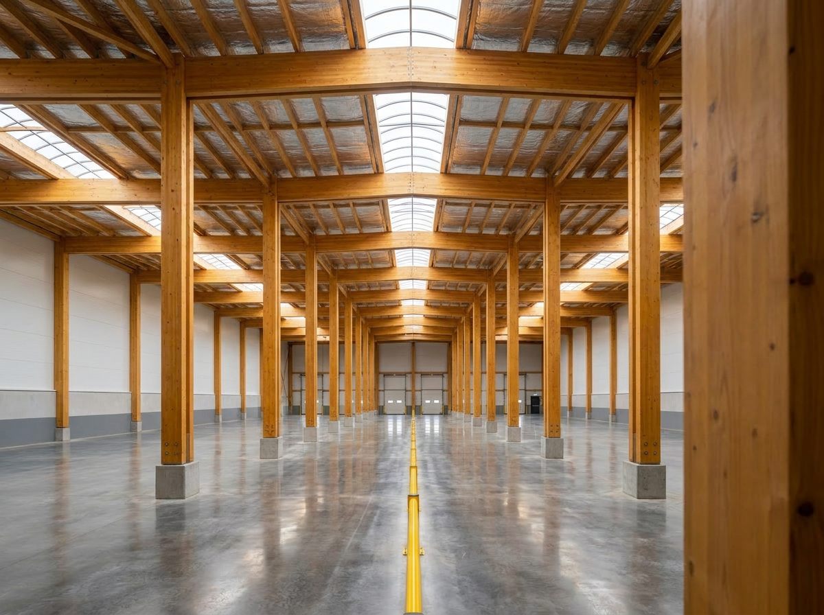 Mass-timber warehouse interior with glulam columns and skylights