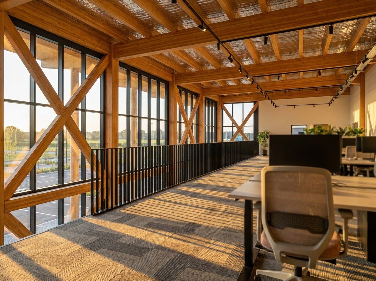 Office mezzanine with glulam cross-braces and full-height glazing