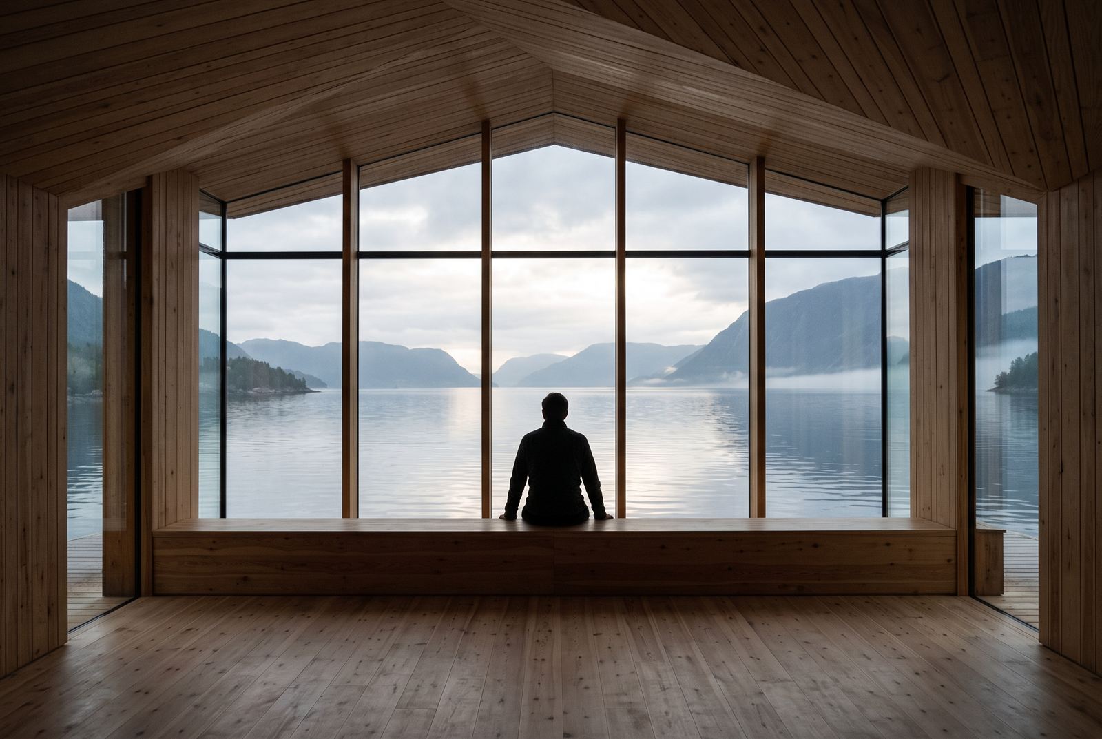 A man seated on the long built-in bench of the viewing room, the gable glazing holding the full length of the fjord
