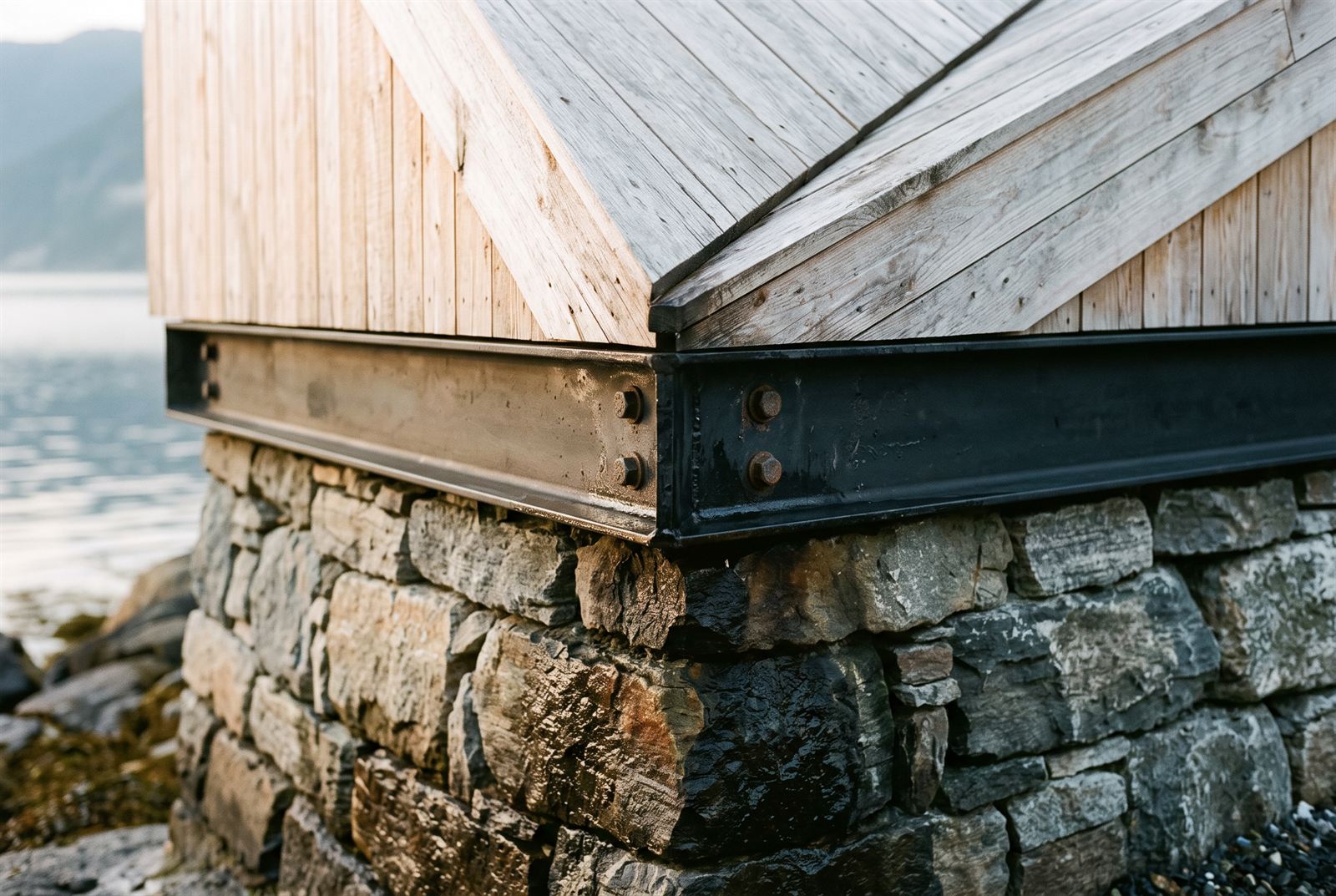 Detail of weathered larch boards meeting a bolted black steel edge beam on the drystone plinth
