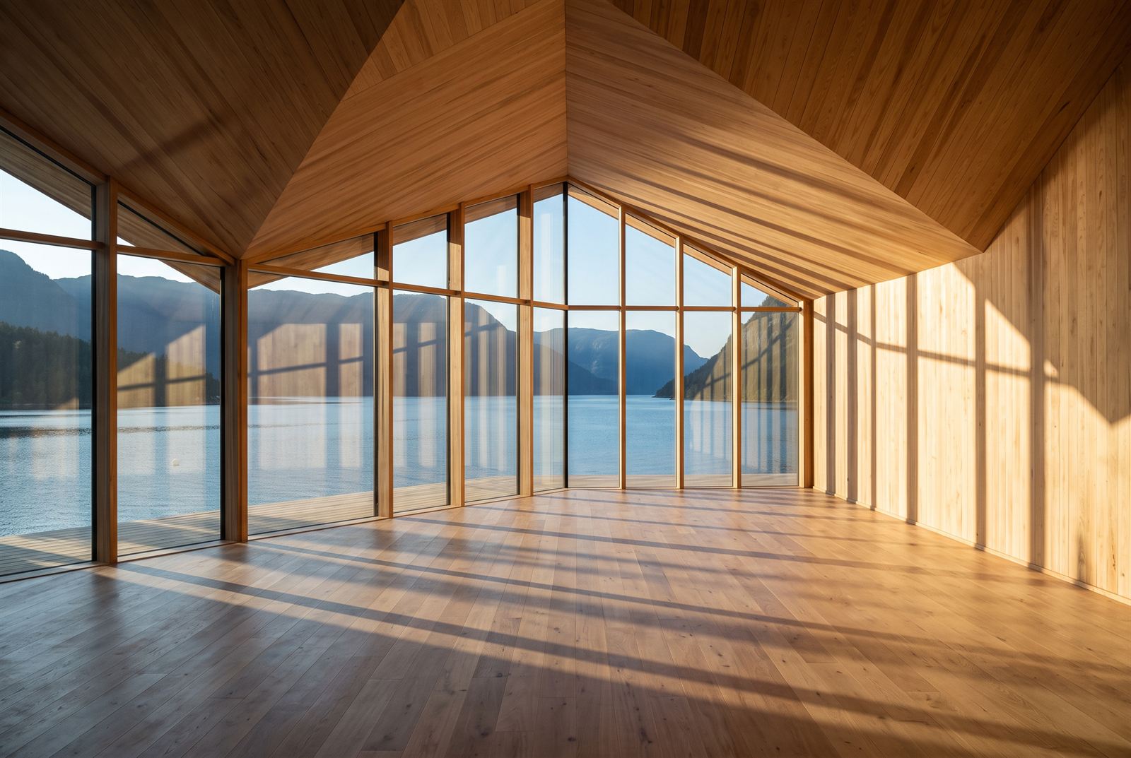 Low evening sun raking through the window wall, mullion shadows striping the empty timber hall
