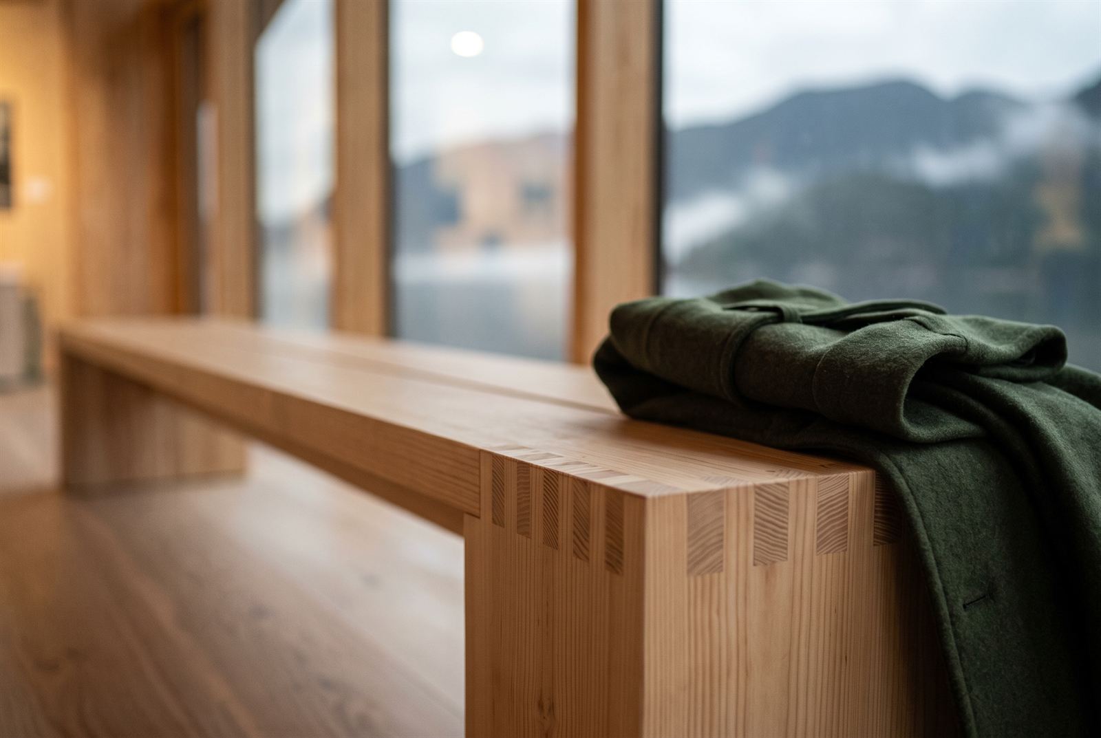 Close-up of the finger-jointed larch bench with a folded green wool coat resting on its end