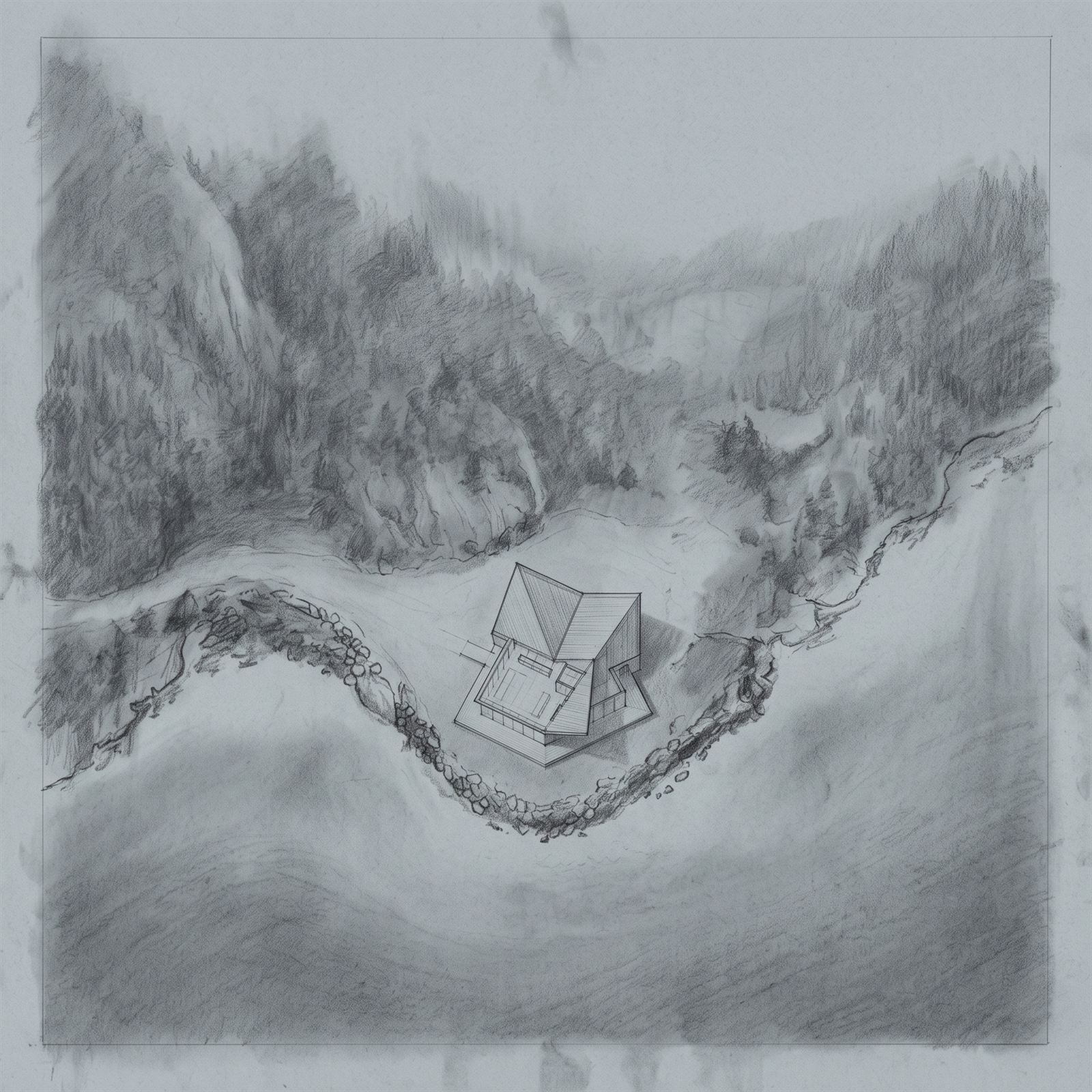 Graphite aerial site study of the pavilion on its point between the shore rocks and the fjord