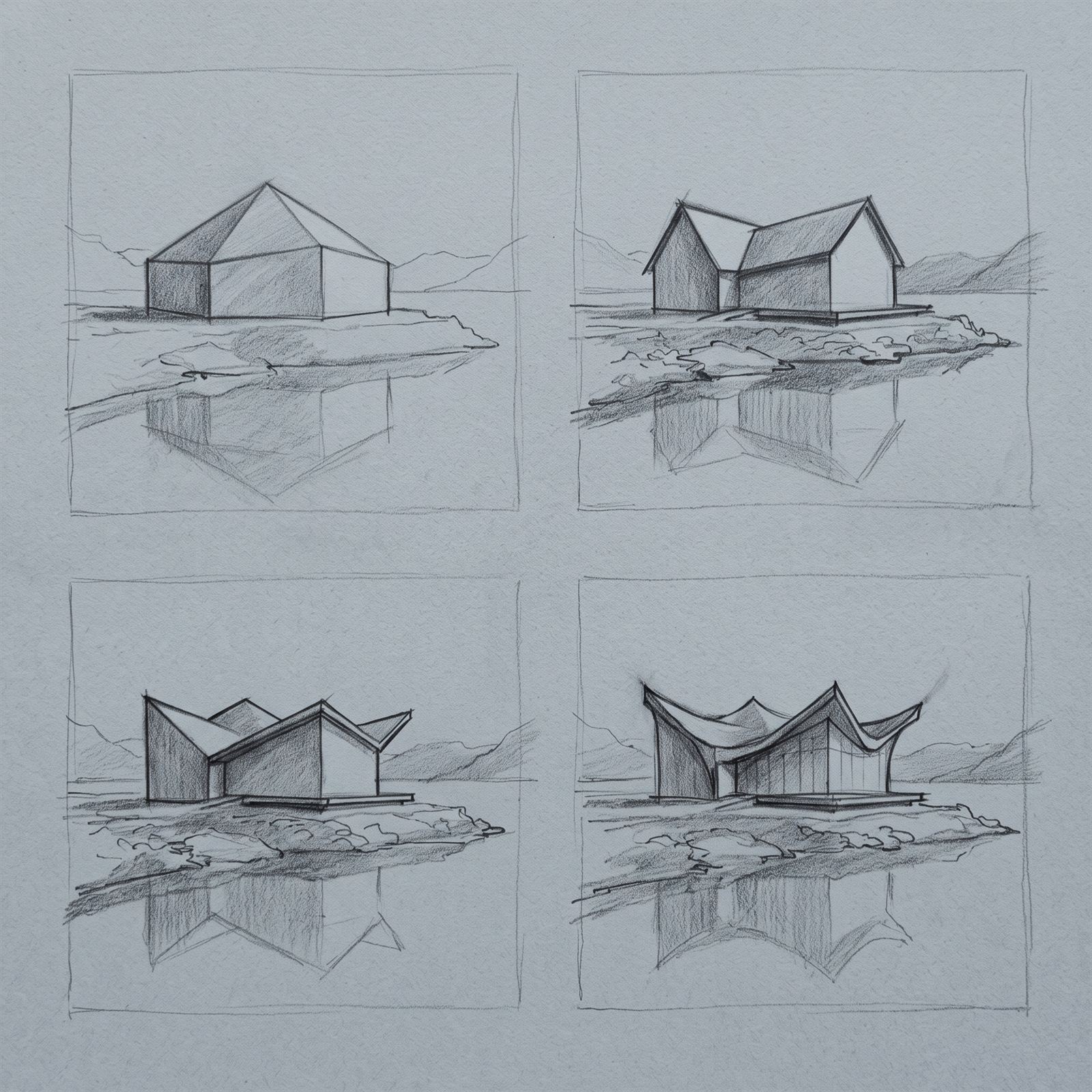 Four graphite massing thumbnails testing hip, twin-gable, folded and tensile roof options