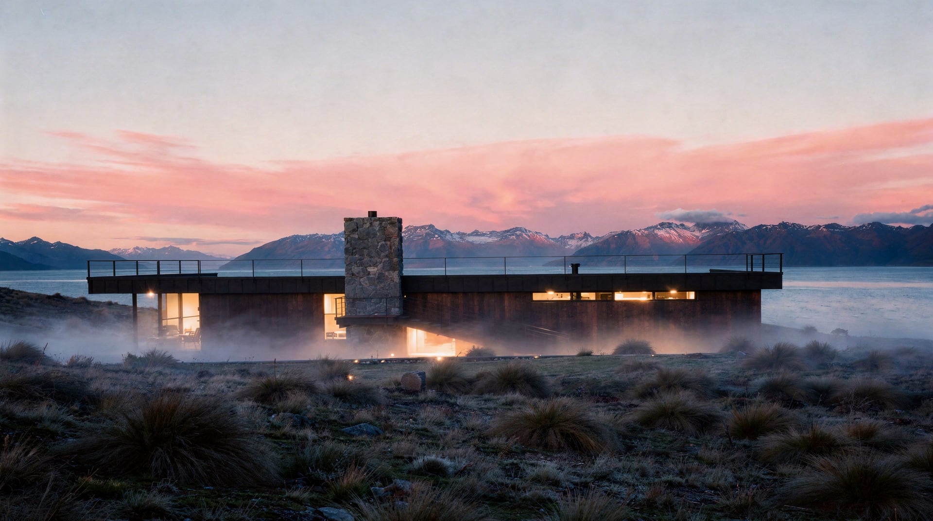 Timber and schist residence above Lake Wanaka at dawn