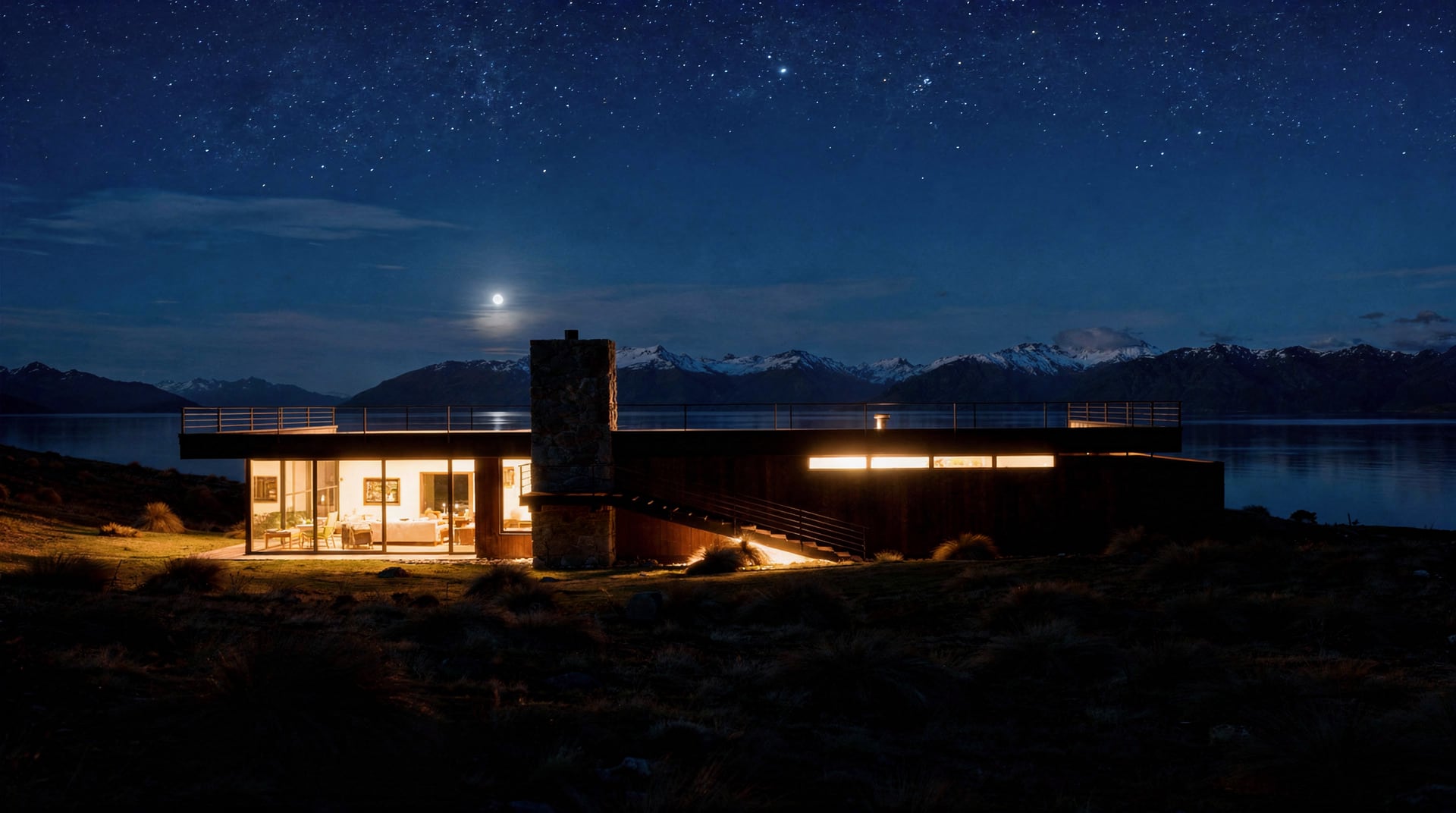 Timber and schist residence above Lake Wanaka at night
