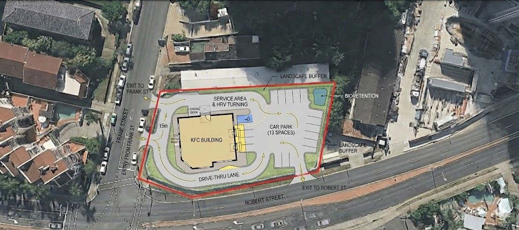 Survey aerial of the existing corner block with the site boundary, entries, exits and layout plotted