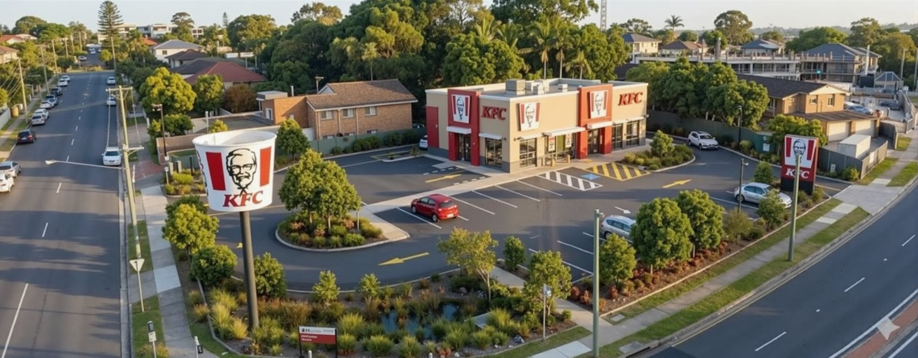 Option A seen from across the main road in afternoon light, single-storey drive-thru pavilion behind its landscaped edge