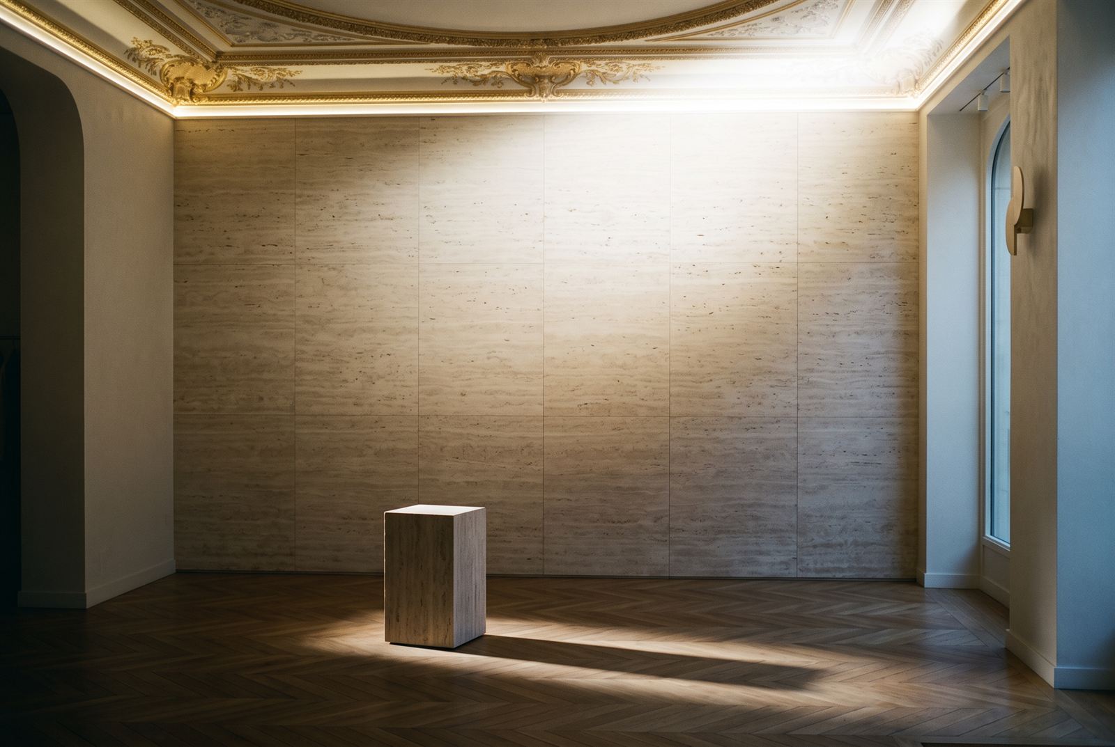 Afternoon light washing down a travertine-clad wall from the concealed cove below the gilded ceiling