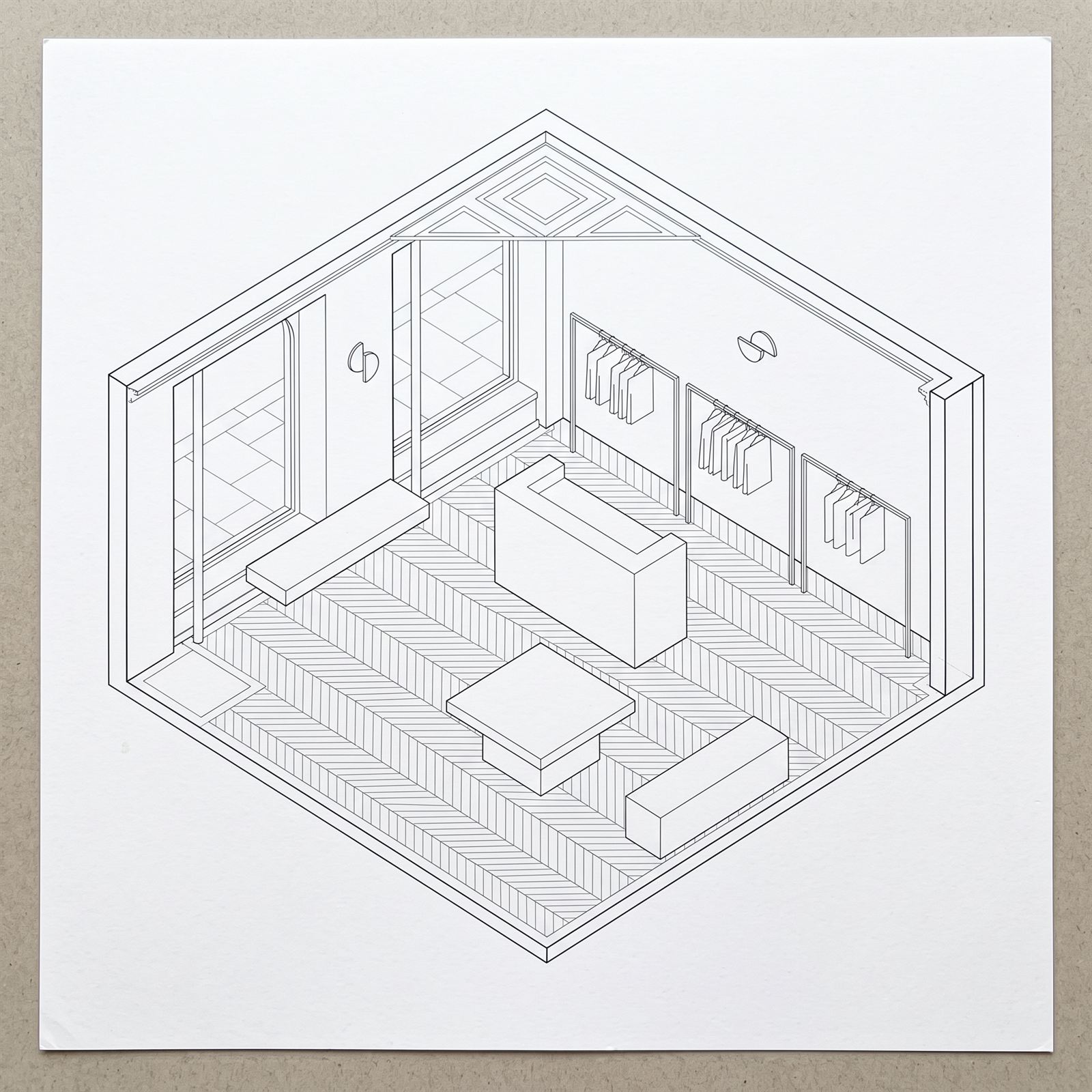 Ink plan oblique of the salon with plinths, rails and bench drawn into the chevron floor