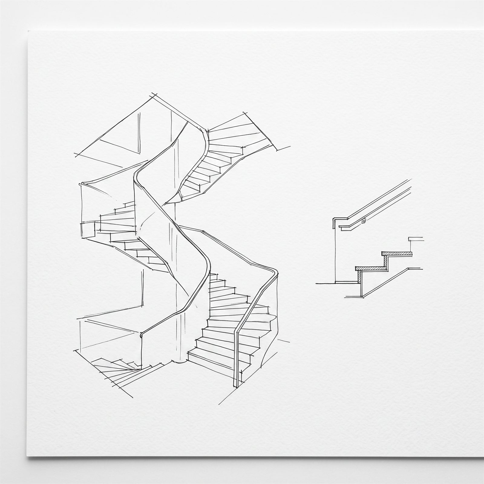 Freehand ink perspective of the winding stair with a tread and handrail detail alongside