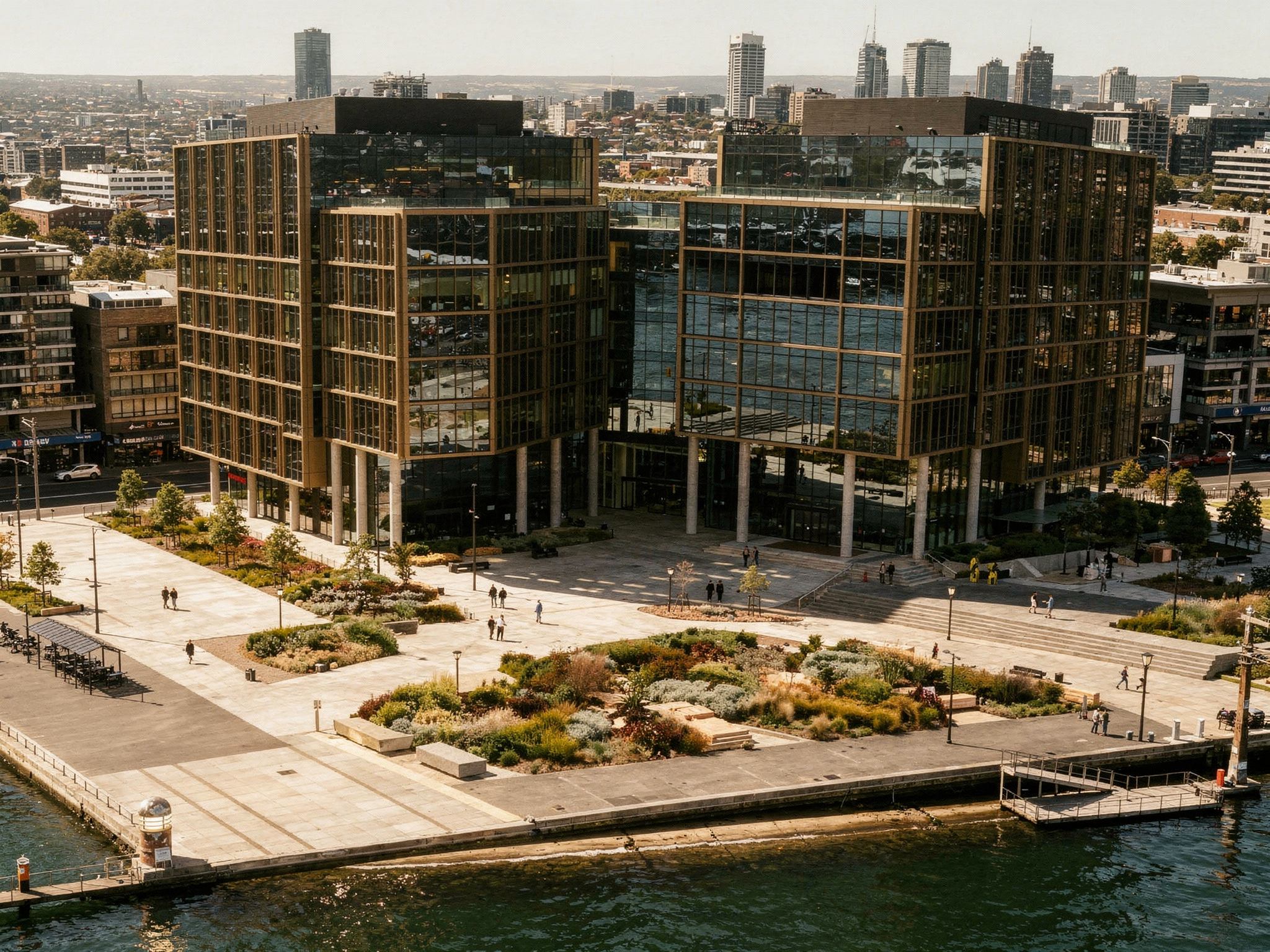 Aerial of twin bronze-and-glass towers above a plaza on the Melbourne waterfront