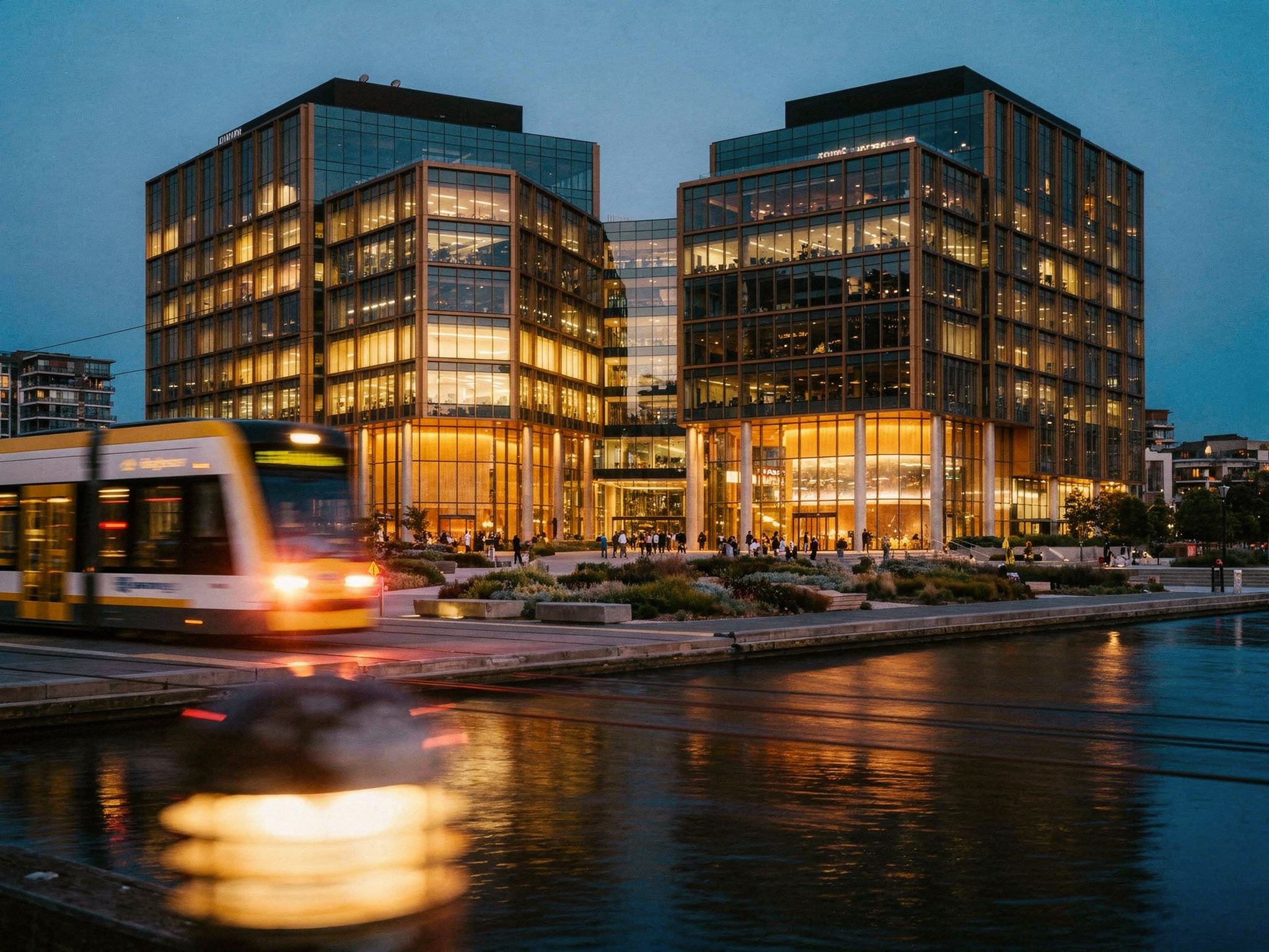 The twin towers glowing at dusk above the lit plaza
