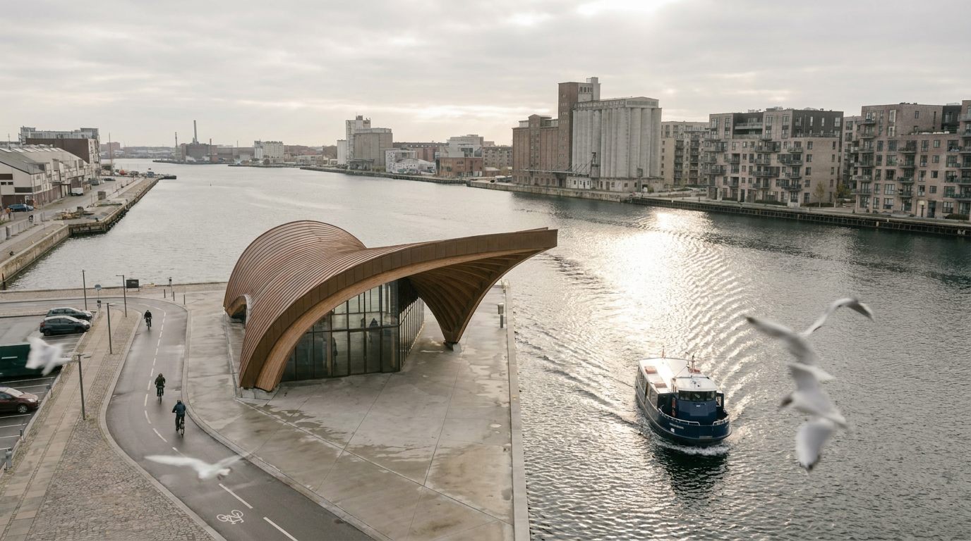 Aerial view of the terminal on its pier with a ferry arriving