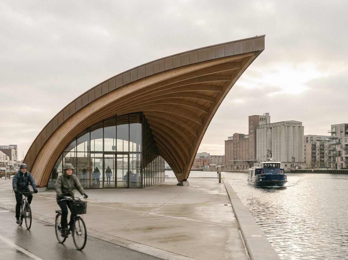 Nordhavn Ferry Terminal — timber-roofed terminal render on the water