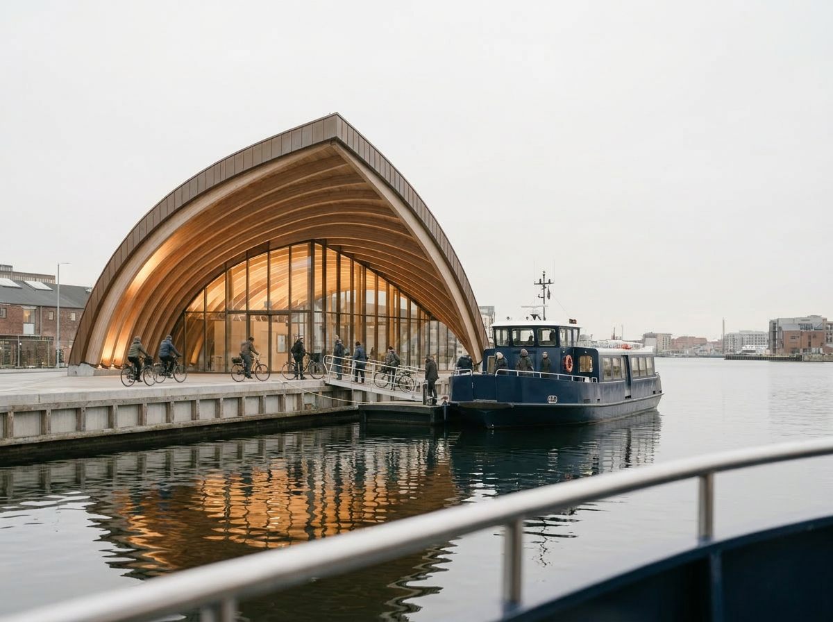 Ferry docked beneath the high end of the roof