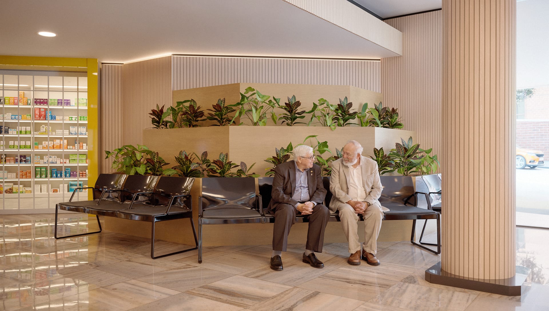 RPAH lobby concept CGI — reception desk and stone floor