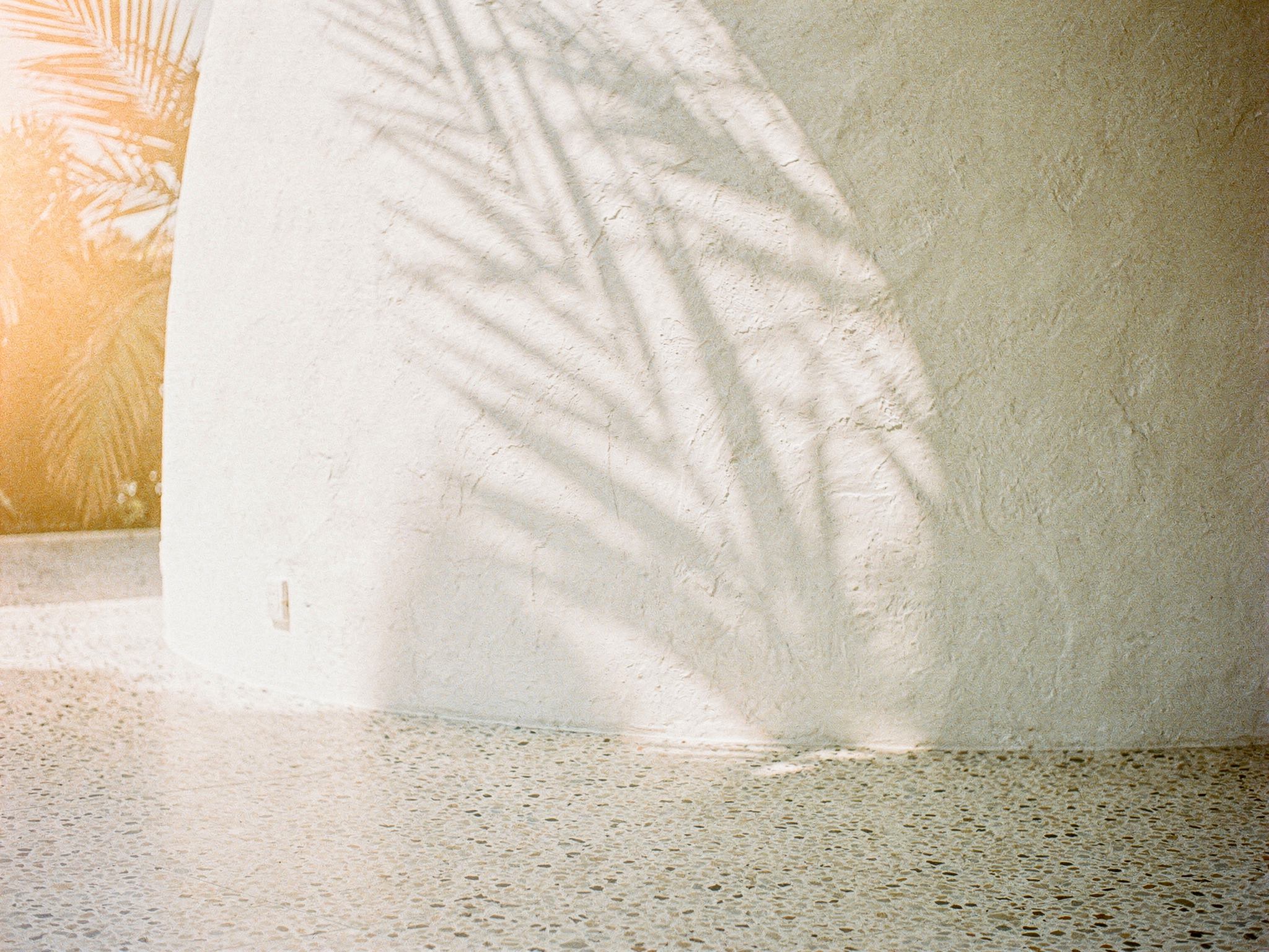 Sunrise light raking the curved balcony soffits