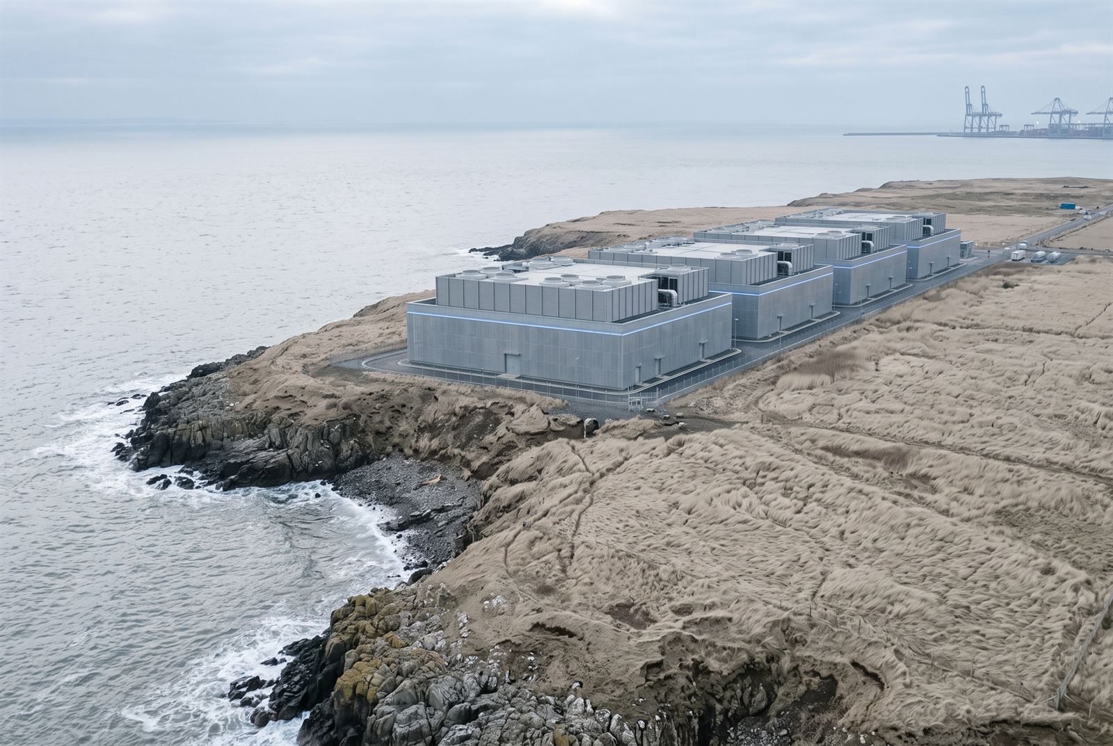 Aerial visualisation of four zinc-grey data halls stepped along the rocky Busan headland, surf below and port cranes on the horizon