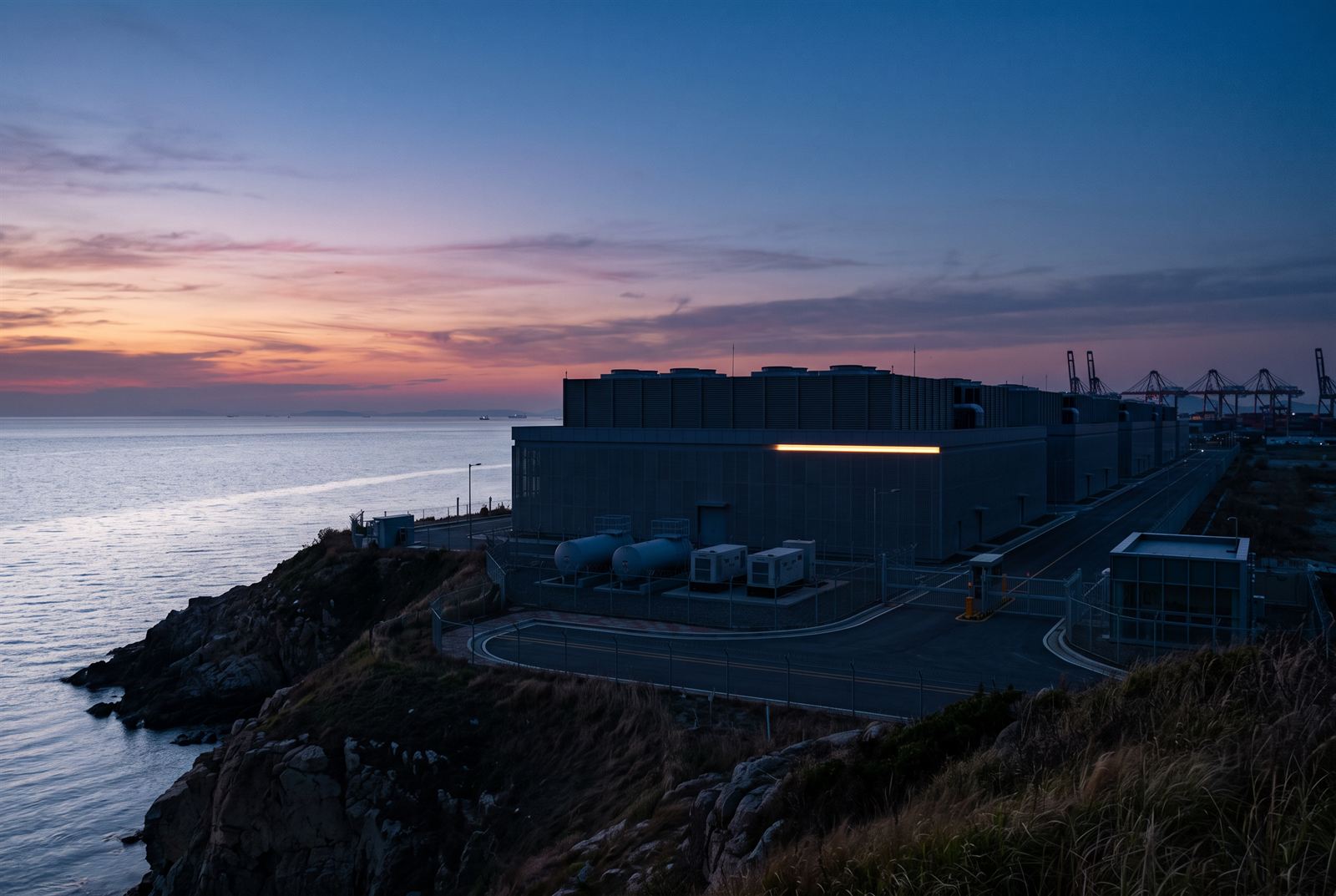 The darkened campus at dusk with a single amber light-bar datum across the hero hall, sunset over the sea and the crane line beyond