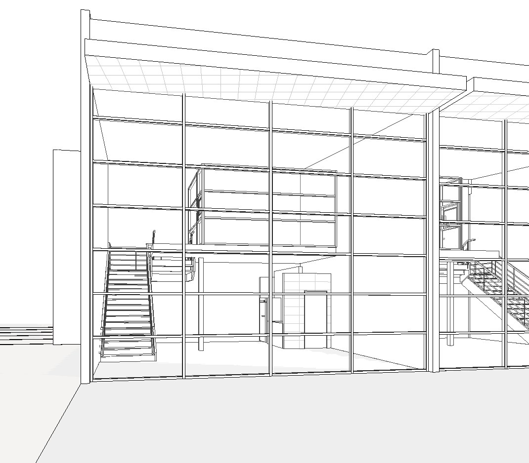Proposed glazed two-storey unit frontage — hidden-line Revit model export with internal stair