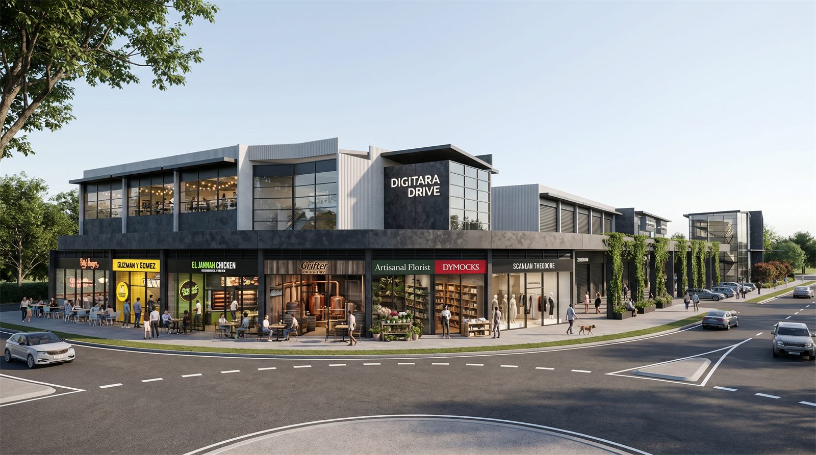 Proposed corner building with charcoal tower and a unified tenancy sign band in late-day light