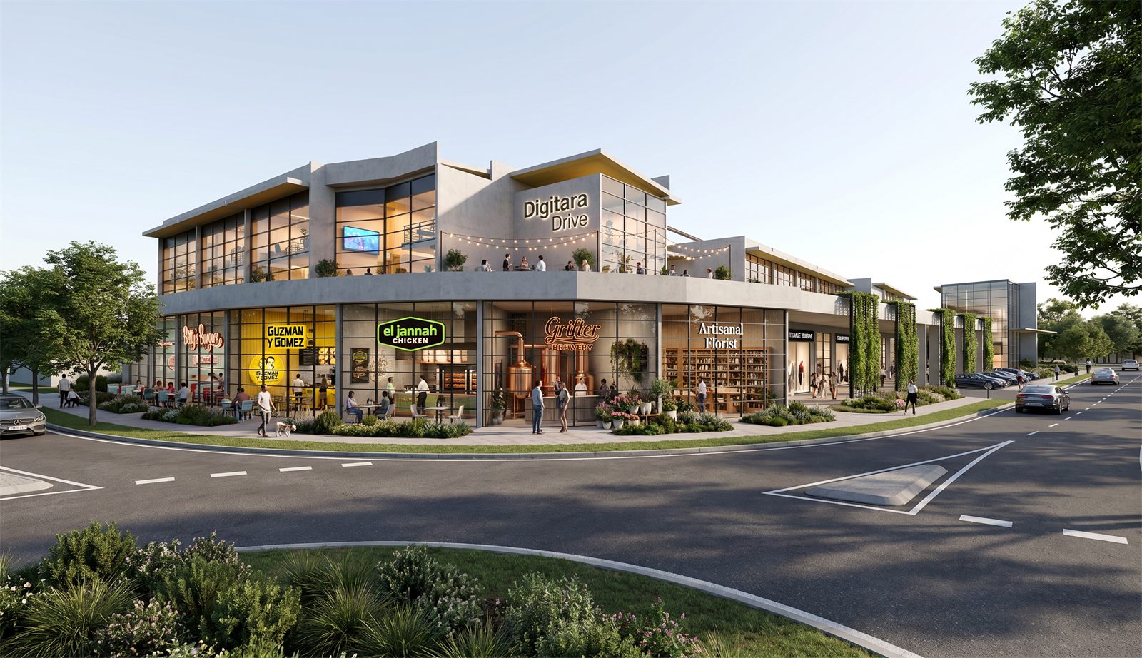 Proposed white precast corner scheme at golden hour