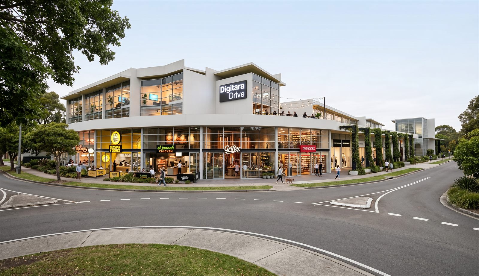 Proposed white precast scheme at dusk with an illuminated estate sign box