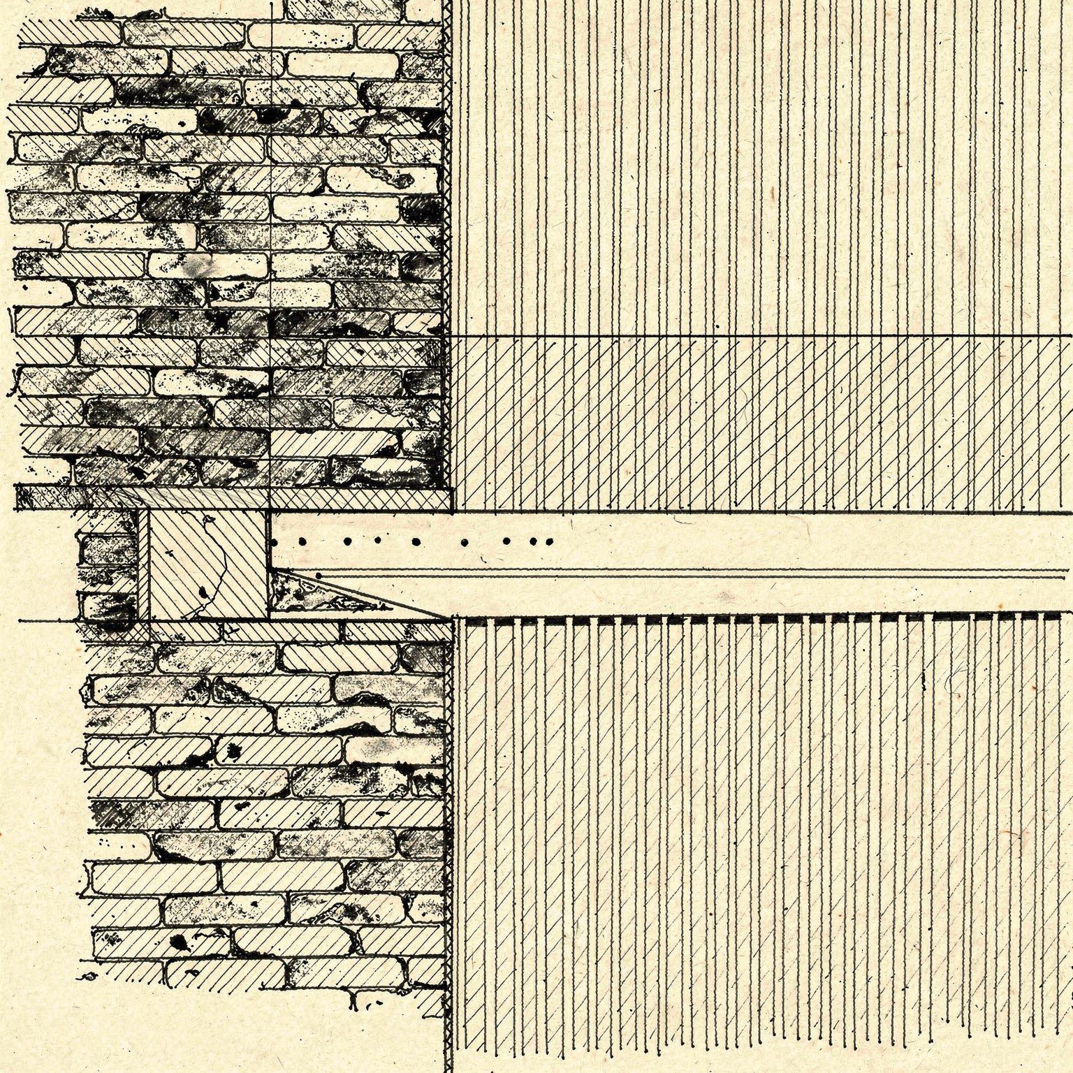 Measured detail section of a timber fin screen fixed back to the masonry
