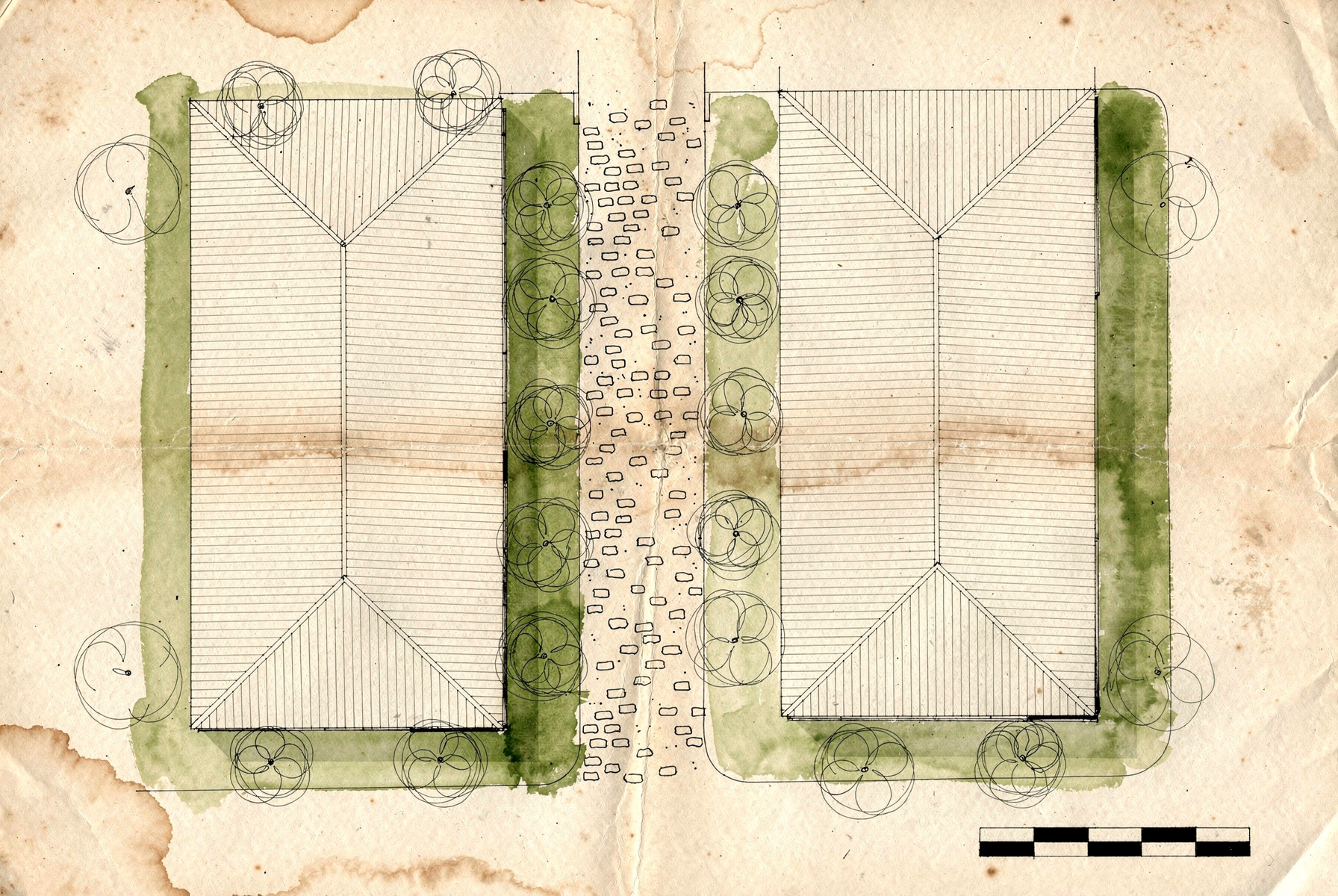 Hand-drawn site plan of the precinct either side of the central lane